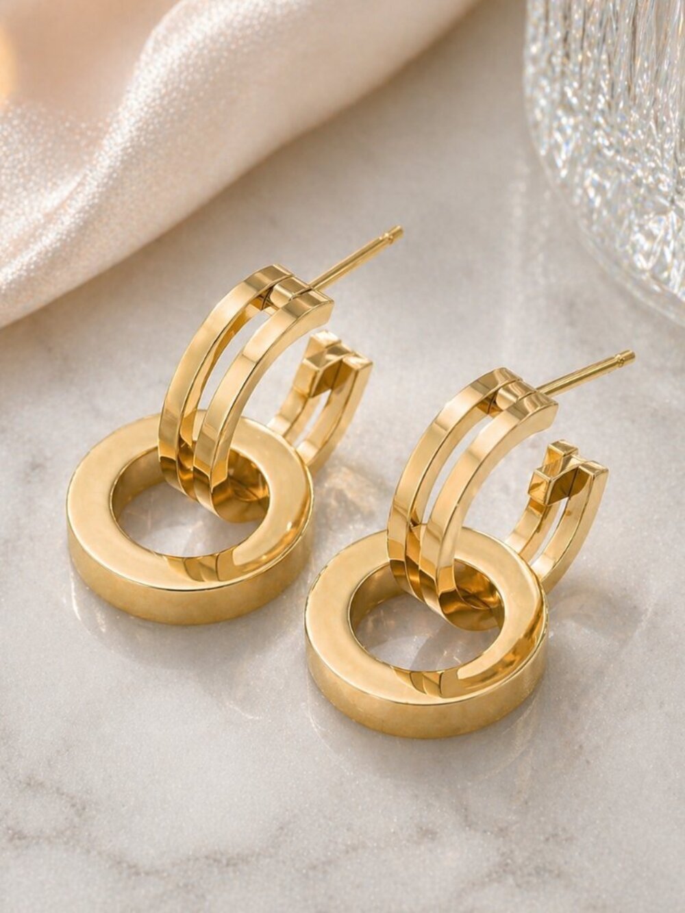 Convertible Double Hoop Huggie Earrings 18K Gold Plated 316L Steel Modern 1"